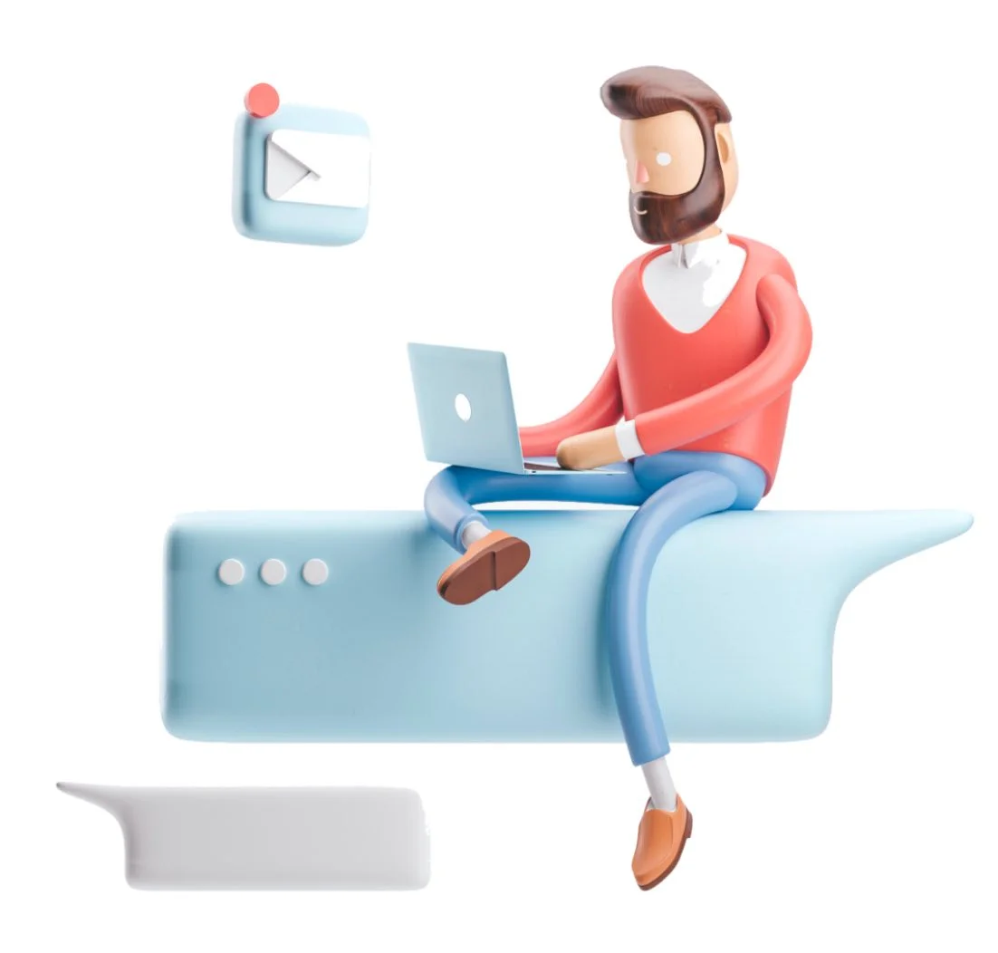 Cartoon figure of a WordPress Website Developer on his laptop