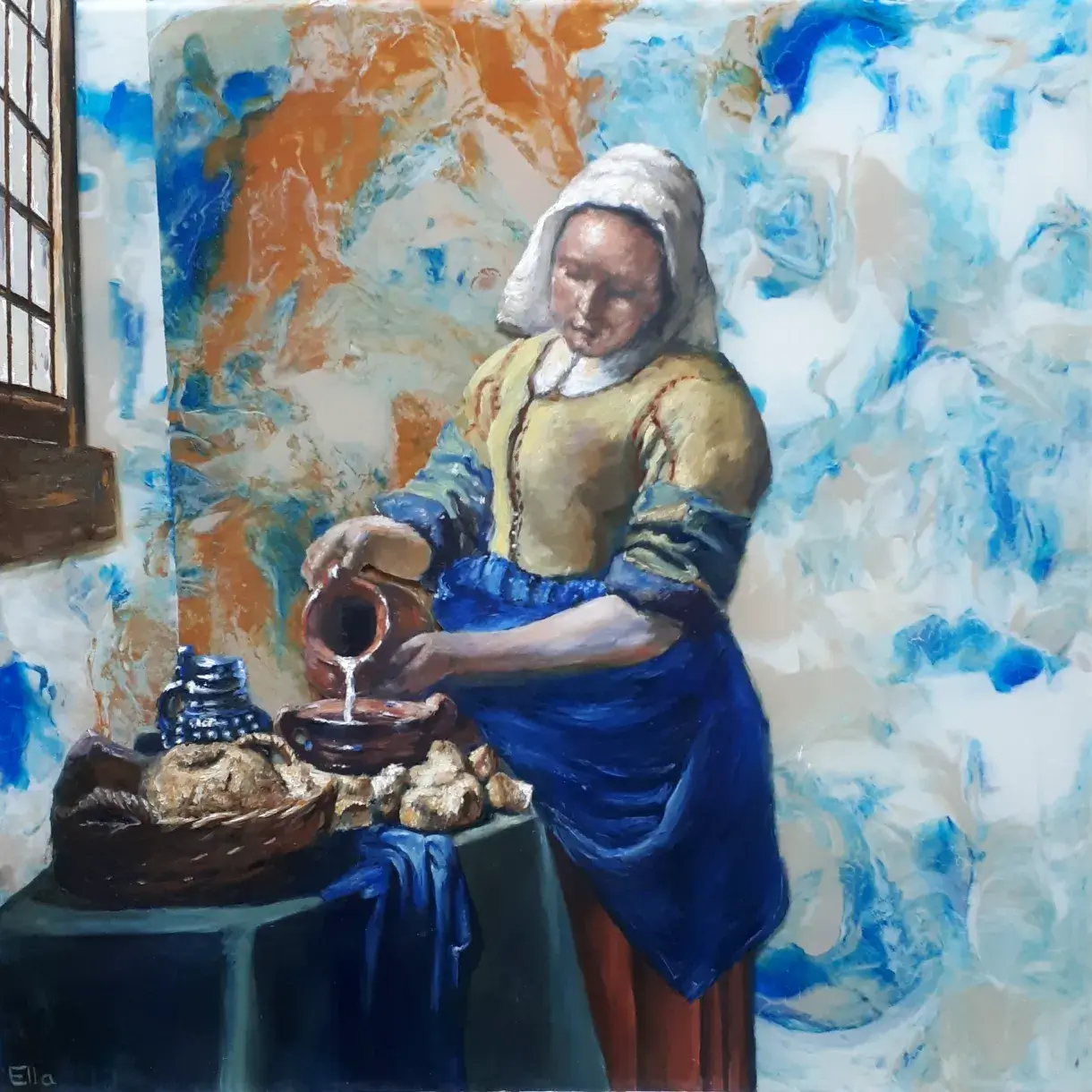 Atelier Ella's oil paint portrait on plexiglass of a woman pouring milk