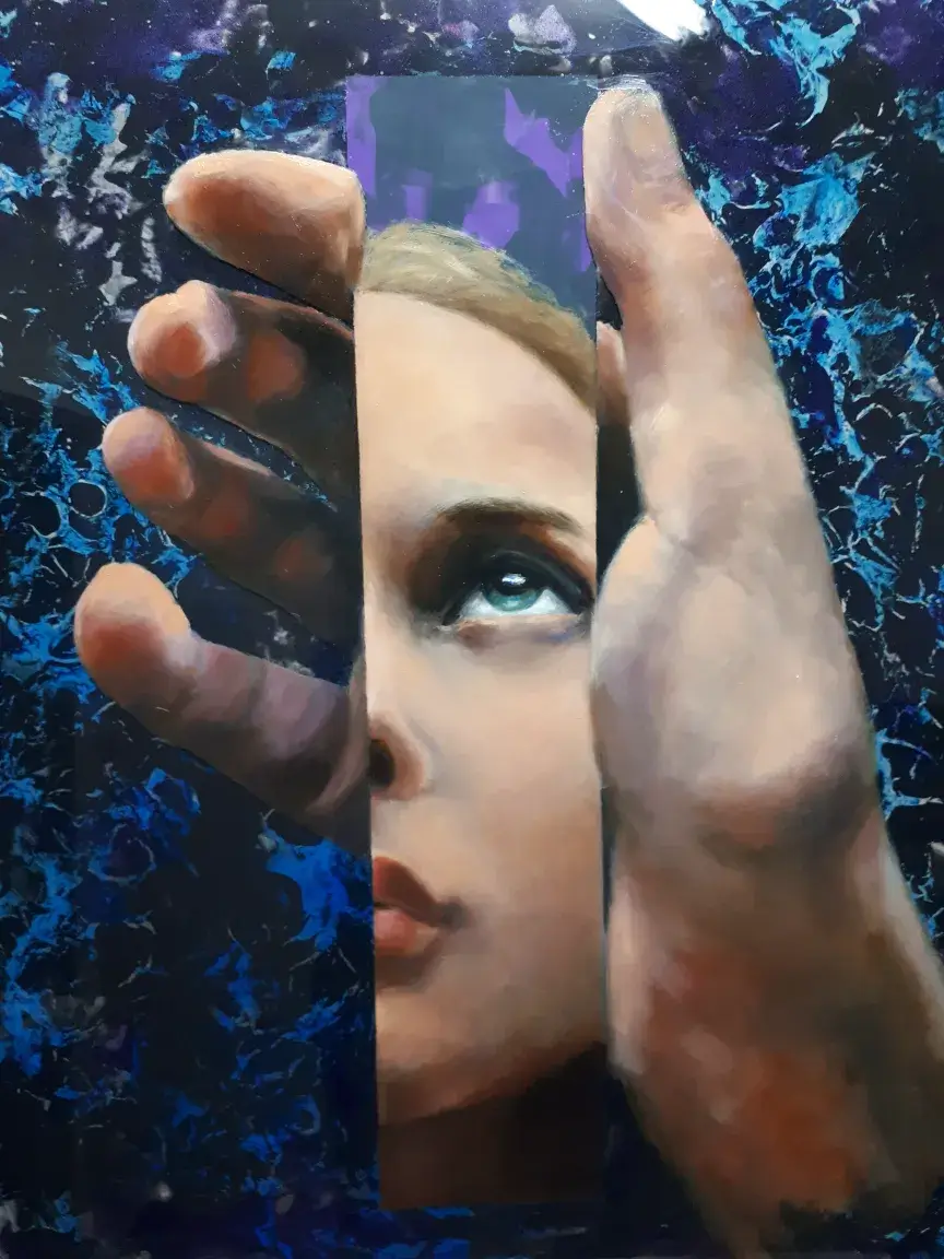 Atelier Ella's oil painting on plexiglass of a girl holding a glass mirror